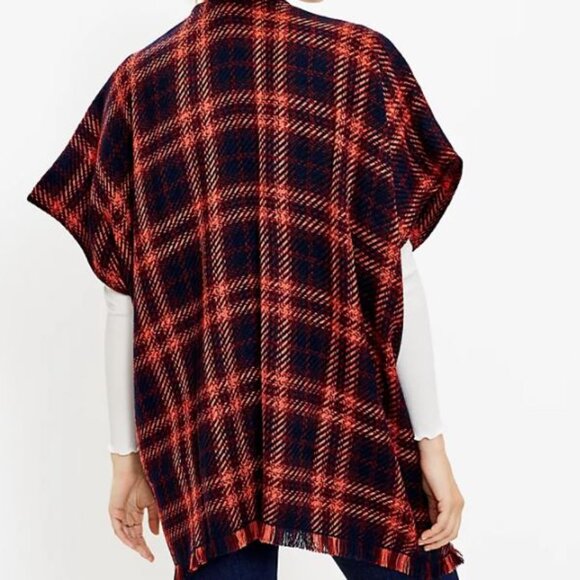NWT Ann Taylor LOFT Modern Plaid Wrap - Navy Blue Orange/Red - Size X/XL - Picture 2 of 9